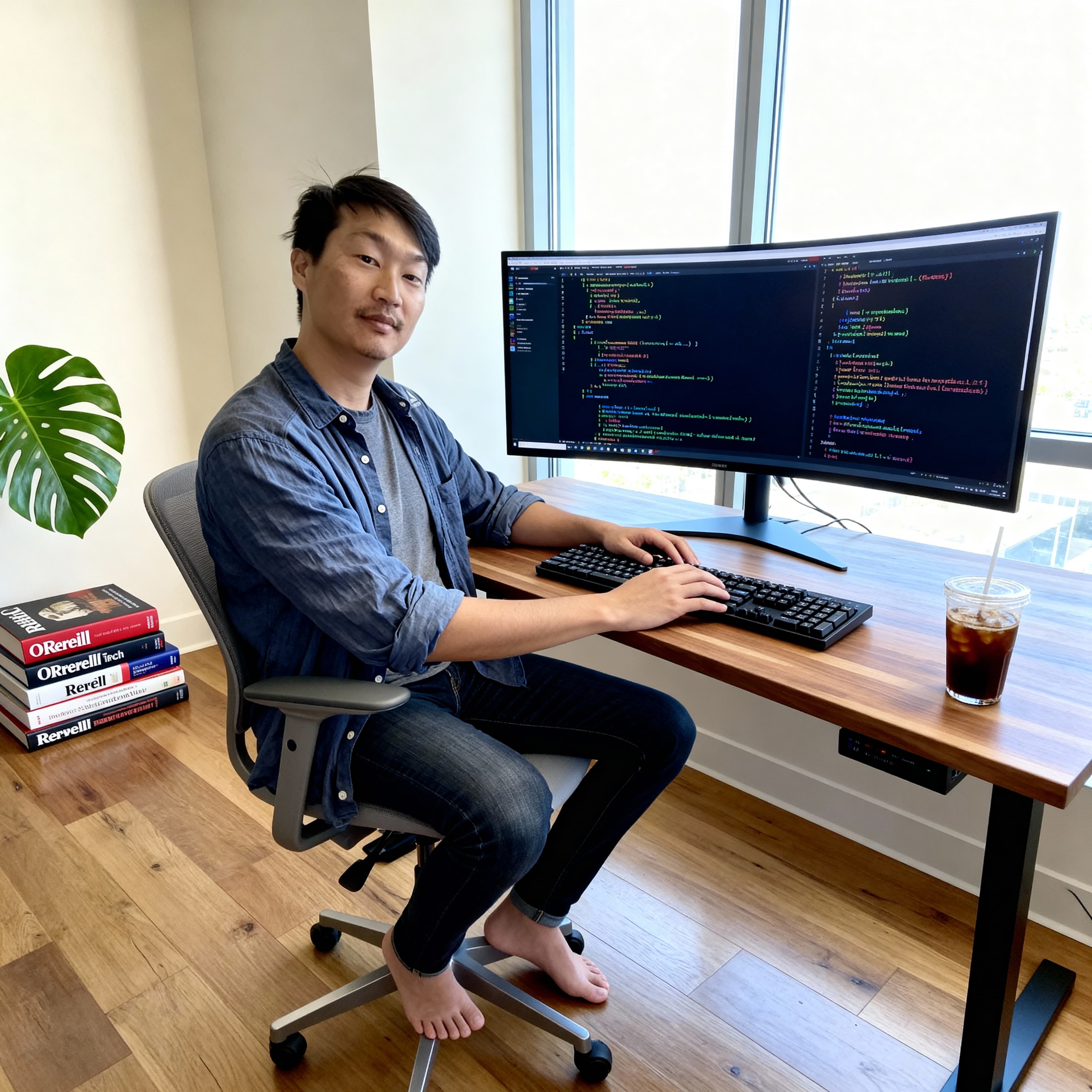Justin Chang at his desk