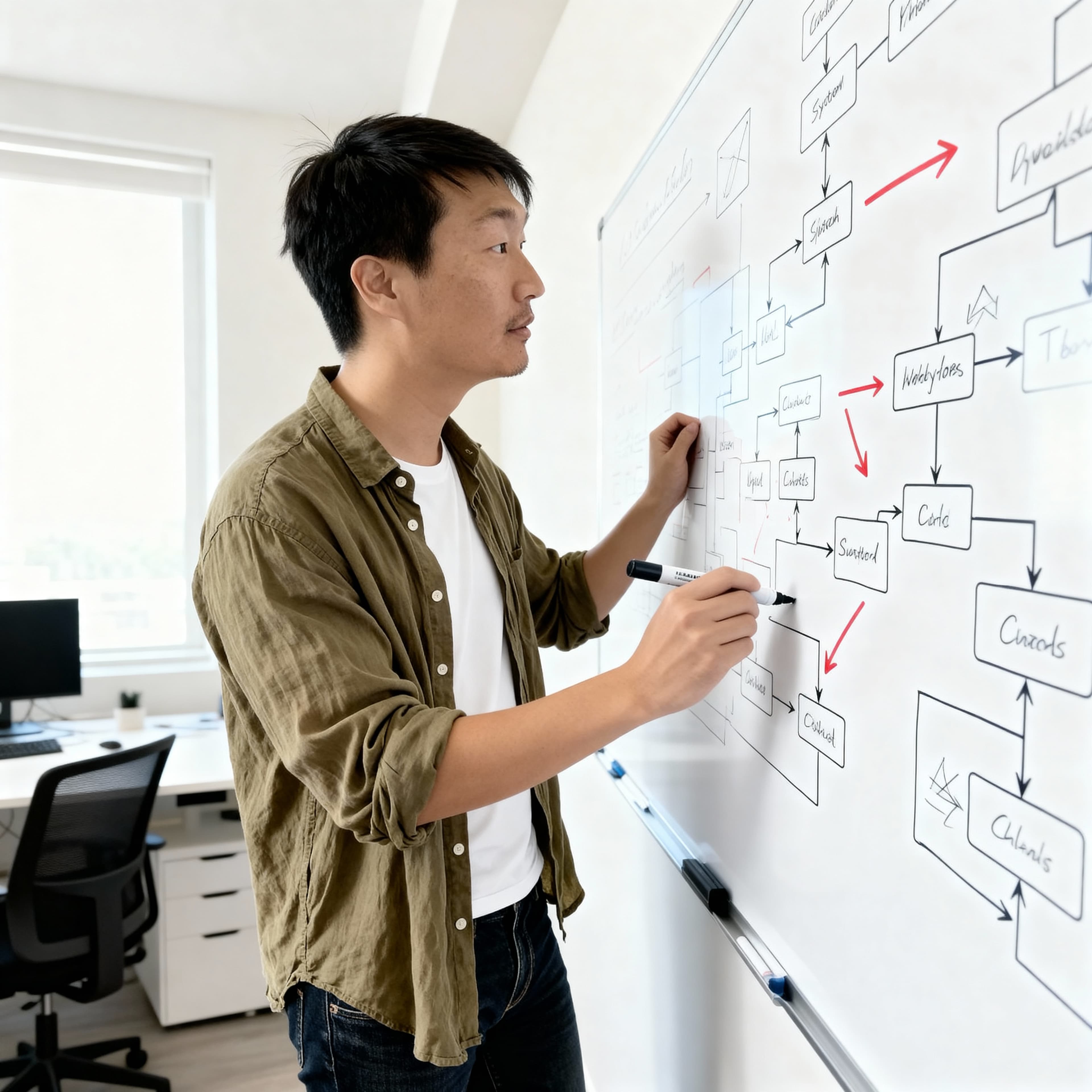 Justin Chang mapping a system on a whiteboard