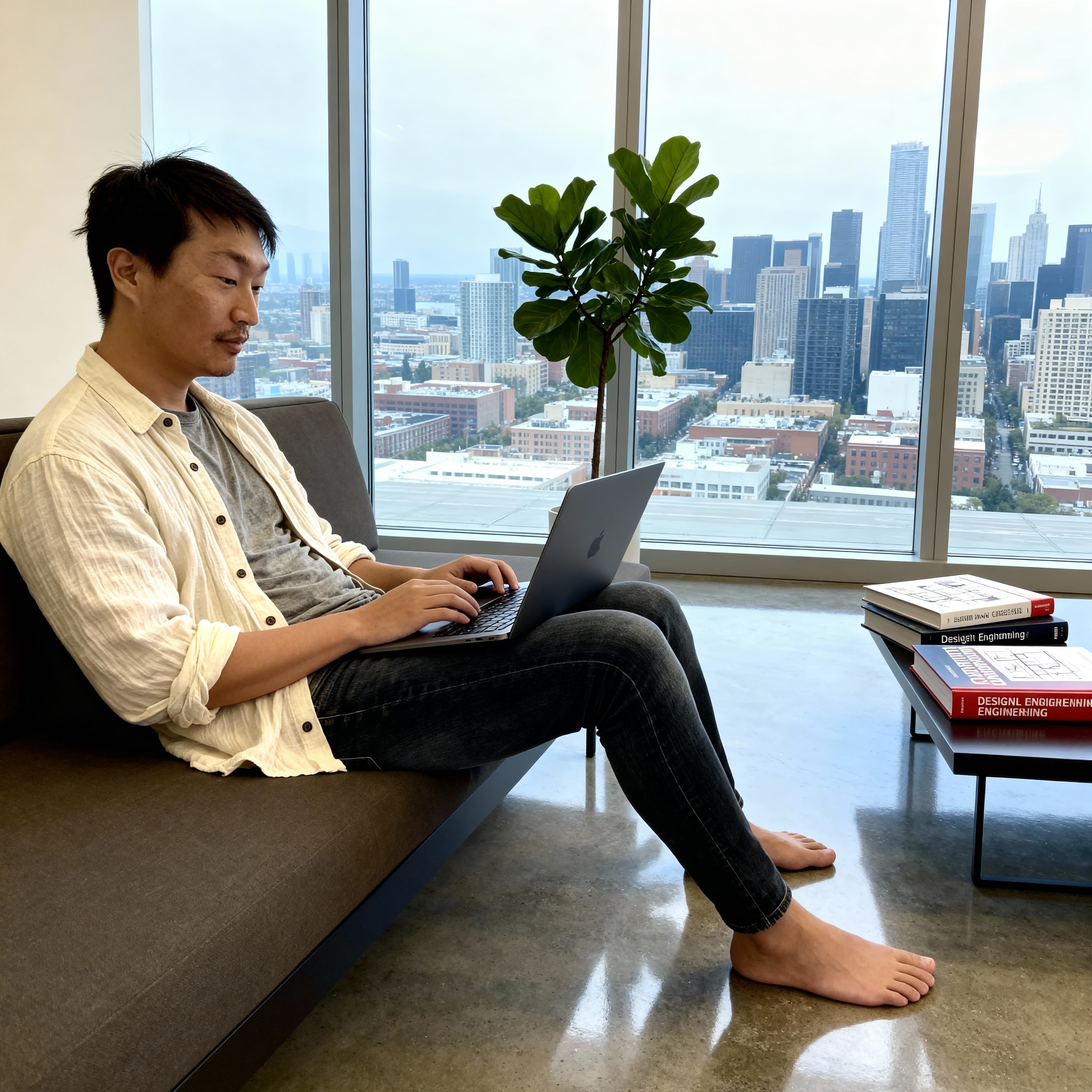 Justin Chang working on a laptop beside a city view