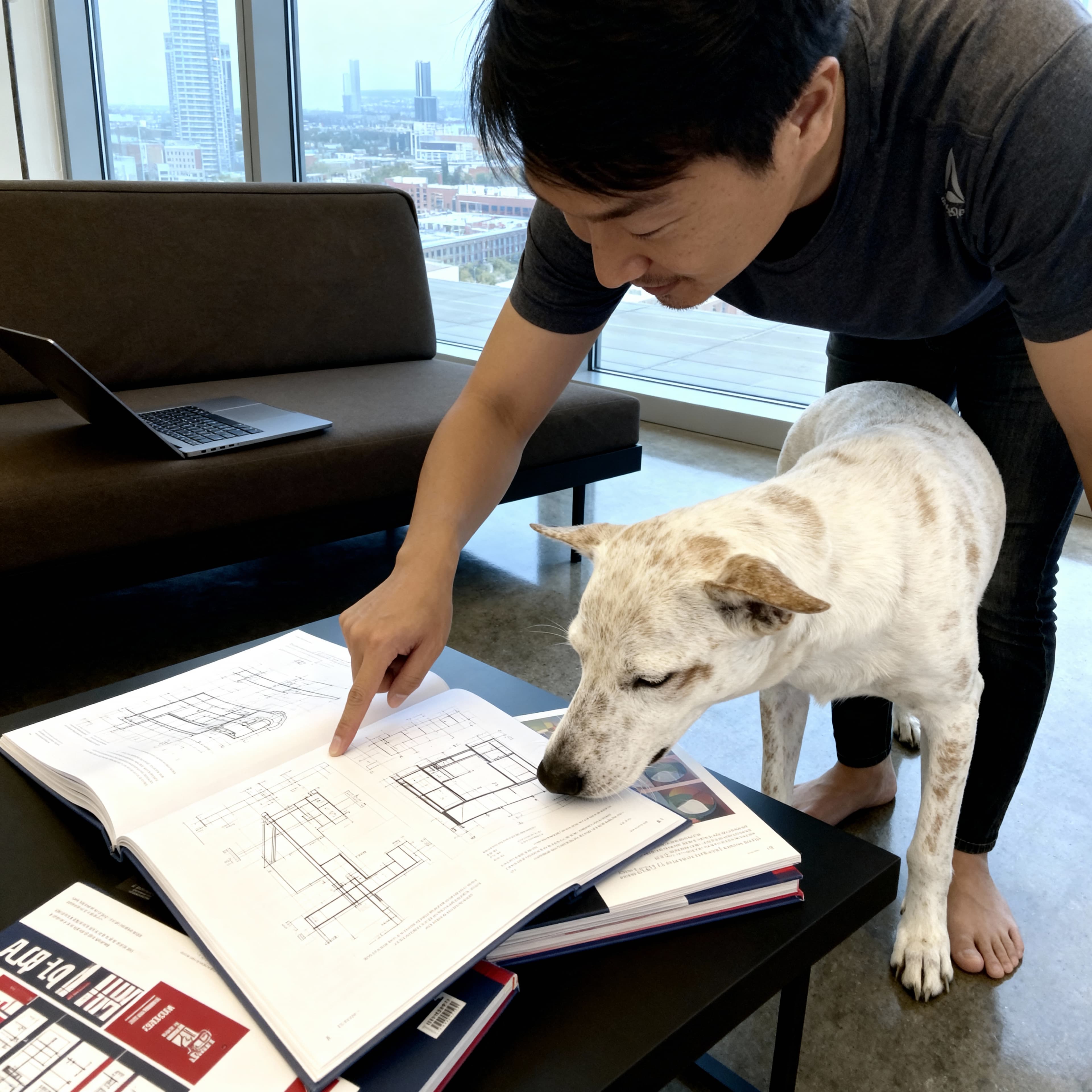 Justin Chang and his dog looking at an open design book